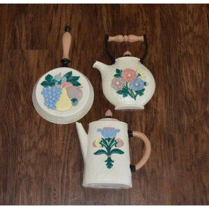 Vintage MCM Kitchen Wall Decor Set Flowers Cooking Fruit Teapot Pan Plague READ
